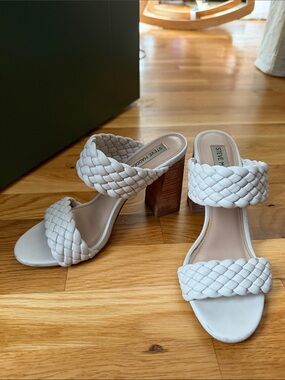 Steve Madden White Braided Double-Strap Block Heel Sandals